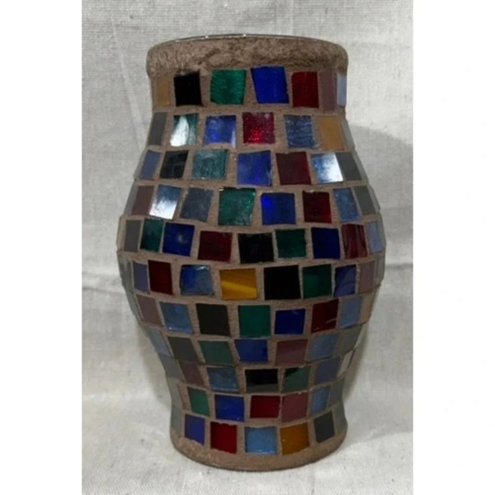 Bohemian Multicolored Glass Mosaic Vase 8.5